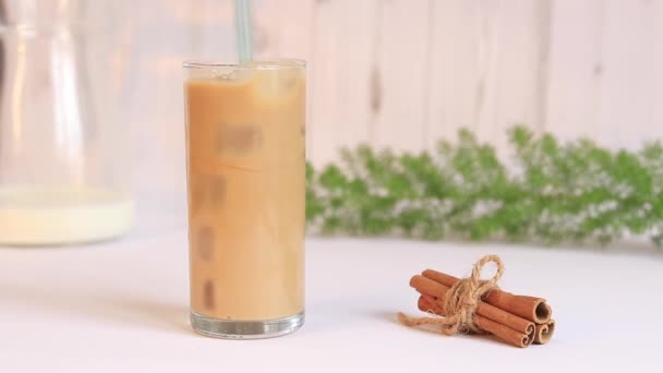 Ice Latte Coffee Ice Milk Backdrop Light Kitchen Cinnamon Carafe — Videoclip de stoc
