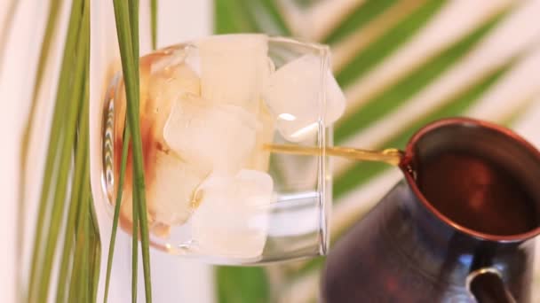 将咖啡放在淡淡的背景上 用棕榈叶制成 把咖啡倒入加冰的杯子里 夏季酒水 — 图库视频影像