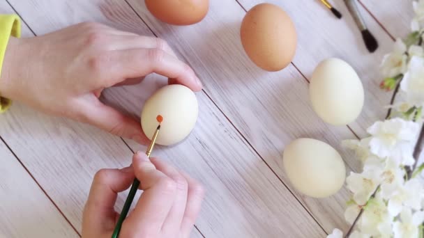 Coloring Eggs Top View Women Hands Prepare Easter Draw Egg — Vídeo de Stock