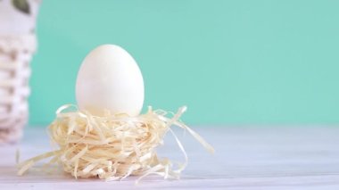 Easter egg in a decorative nest. Clean white egg, easter composition. Slowly receding video on a blue background