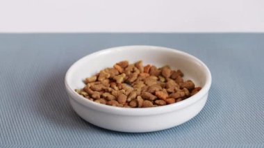 The feed is poured into a white bowl. Balanced nutrition for pets, food advertising. A bowl on a special rug