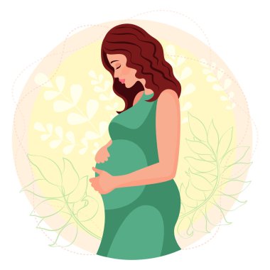 Happy mother's day. Postcard. Pregnant girl hugs her belly. Happy motherhood illustration. Young mother