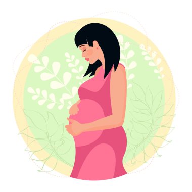 Happy mother's day. Postcard. Pregnant girl hugs her belly. Happy motherhood illustration. Young mother