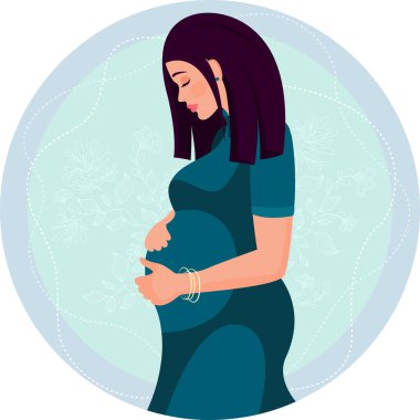 Happy mother's day. Postcard. A pregnant girl in a dress hugs her belly. Illustration of happy motherhood inscribed in a circle. Young mother.