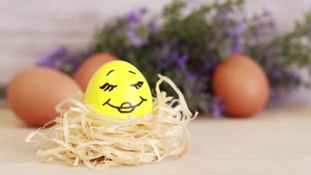 Uovo Pasqua Giallo Con Una Faccia Dipinta Nido Cristo Risorto — Video Stock