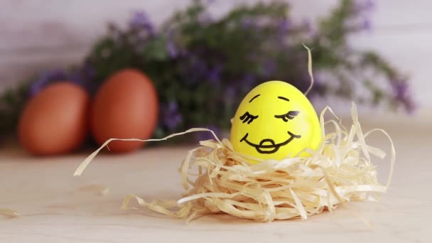 Yellow Easter Egg Painted Face Nest Christ Risen Easter Holiday — Stockvideo