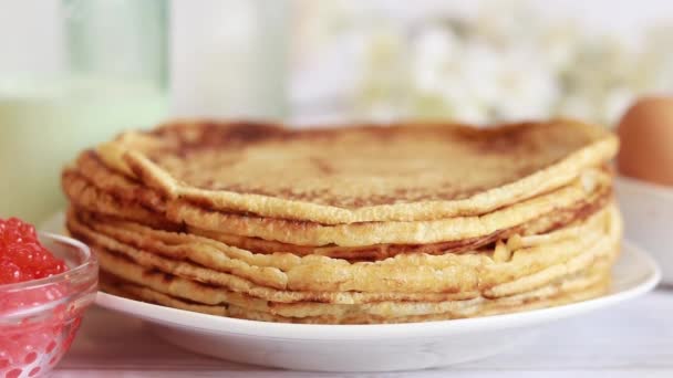 Stack Thin Pancakes Blurry Background Selective Focus Week Crepes Maslenitsa — стоковое видео