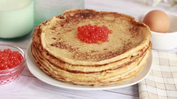 Pancakes Red Caviar Close Background Festive Table Stack Hot Pancakes — Stockvideo