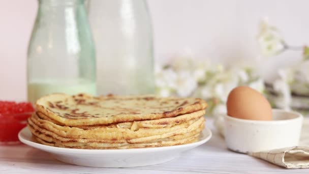 Preparation Thin Pancakes Still Life Put Pancake Stack Breakfast Cozy — Stock video