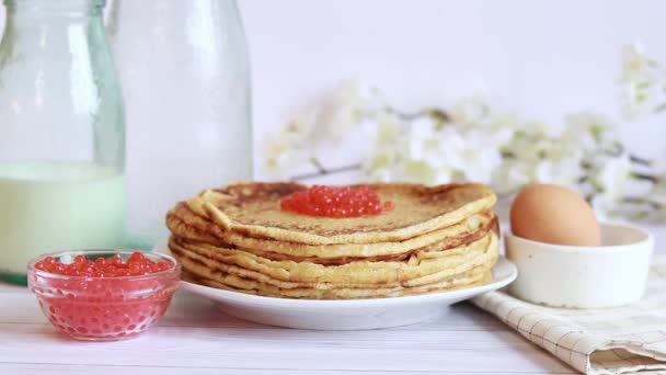 Pancakes Red Caviar Close Background Festive Table Stack Hot Pancakes — Stockvideo