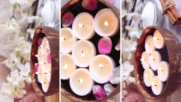 Eine Collage Aus Mehreren Wellness Videos Brennende Kerzen Mit Rosenblättern — Stockvideo