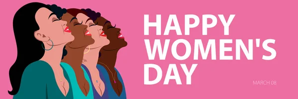 幸せな女性の日 3月8日国際女性デー 異なる人種の4人の女性の顔を持つ水平ポスター グリーティングカードやバナーのフラットスタイルベクトルイラスト — ストックベクタ