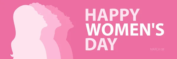 幸せな女性の日 3月8日国際女性デー 女性の顔の3つのシルエットを持つ水平ポスター グリーティングカードやバナーのフラットスタイルでベクトルピンクのイラスト — ストックベクタ