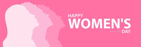 幸せな女性の日 3月8日国際女性デー 女性の顔の3つのシルエットを持つ水平ポスター グリーティングカードやバナーのフラットスタイルでベクトルピンクのイラスト — ストックベクタ
