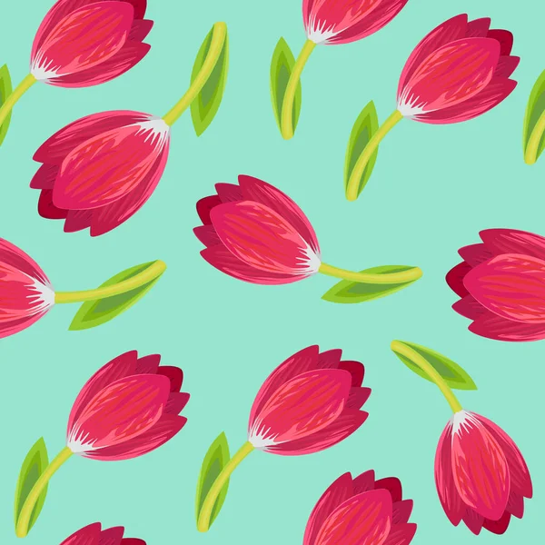 Nahtloser Frühlingshintergrund Mit Rosa Tulpen Auf Blauem Hintergrund Endlose Textur — Stockvektor