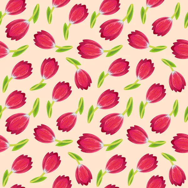 淡い背景にピンクのチューリップでシームレスな春の背景 イースターと春のデザイン グリーティングカード ファブリック ポスターのための無限のテクスチャ — ストックベクタ