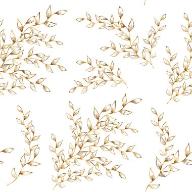 Beyaz arka planda altın bitki dalları olan kusursuz bir desen. Yaprakları ve dalları olan stilize bitki elementleri. Tebrik kartları, posterler, afişler, ambalaj kağıtları.