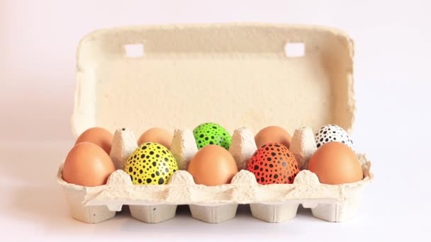 Huevos Pascua Coloridos Una Caja Cartón Sobre Fondo Blanco Huevo — Vídeos de Stock