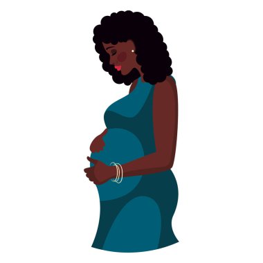 Afro-Amerikalı güzel hamile kız. Kız karnına sarılıyor, hamile.