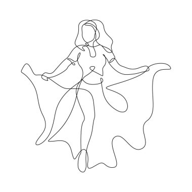 Göbek dansı, dans eden güzel bir kızın çizgi çizimi. Uzun etekli genç kadın dans ediyor.