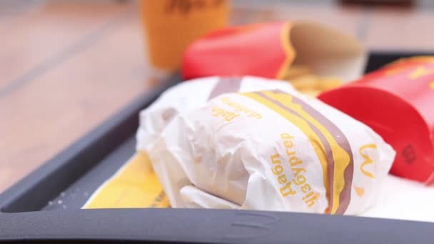 乌克兰基辅 2023年5月11日 麦当劳的快餐 手与汉堡包特写 从包装上拆开汉堡包 — 图库视频影像