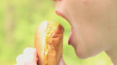 Kız fast food restoranından bir çizburger yiyor. Yakın plan bir burger ısır. Lezzetli fast food, zevkle fast food yiyin. Bir kadın iştah açıcı bir şekilde hamburger yer.