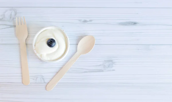 Cream Blueberry Center White Bowl Greek Yogurt Fresh Berry Light — Stock Photo, Image