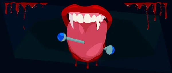矢量横幅与明亮的女性嘴唇形象吸血鬼的牙齿和突出的舌头在血液中 被刺破的舌头 横幅之间的光环 — 图库矢量图片