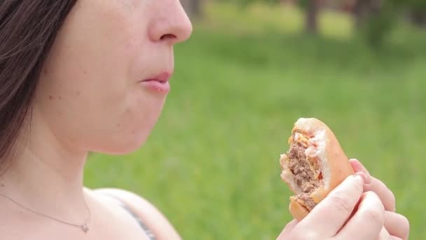 吃一个汉堡 特写女人的脸在本质上吃芝士汉堡饥饿的年轻女人吃着美味的汉堡包 那女人的嘴在咬芝士汉堡 小菜一碟 — 图库视频影像
