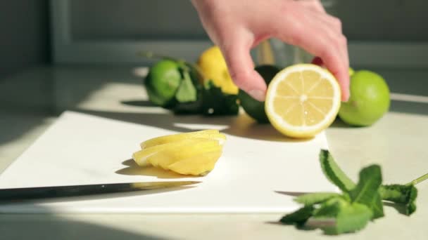 Selbstgemachter Alkoholfreier Mojito Limette Und Zitrone Scheiben Schneiden Zubereitung Von — Stockvideo