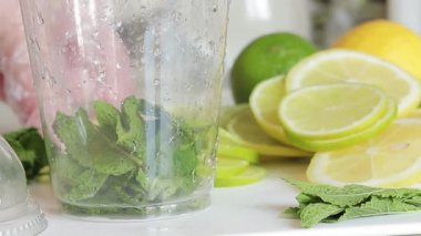 Ev yapımı mojito hazırlıyorum. Limonata yap. Nane, limon ve limonu plastik bir kaba koy. Yaz ferahlatıcı içecek