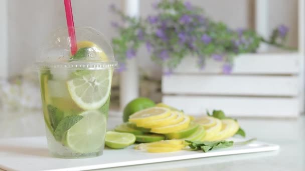 Homemade Mojito Lemonade Woman Hand Takes Plastic Cup Cool Summer — Stock Video