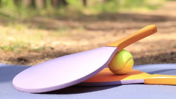 Wooden Rackets Tennis Ball Outdoor Play Outdoor Activity Girl Takes — Stock Video