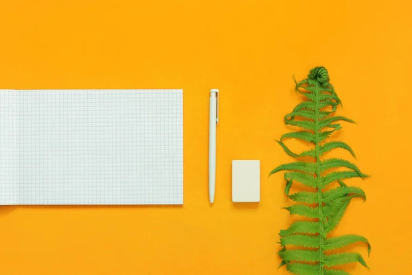 An open notebook with clean white sheets, a fern leaf, a white pen and an eraser on a bright yellow background. Top view, flat lay. Copy space