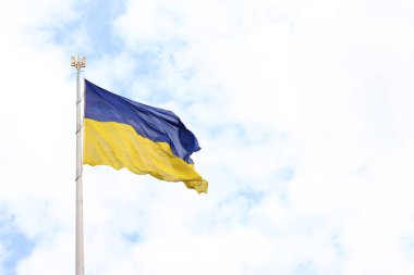 Ukrayna bayrağı ve arması bulutlu bir gökyüzüne karşı bayrak direğinde. Ukrayna bayrağı rüzgarda dalgalanıyor.