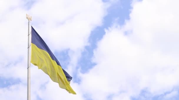 Flag Coat Arms Ukraine Flagpole Cloudy Sky Flag Ukraine Develops — Stock Video
