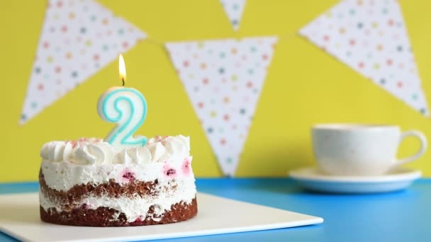 用点燃的生日蜡烛庆祝蛋糕 2岁生日的蛋糕 在喜庆的背景上烤着生日彩旗 生日快乐Happy Birthday — 图库视频影像