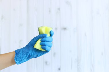 Hafif ahşap arka planda bulaşık yıkayan bir kadın eli için sünger. Lateks eldivendeki bir el ıslak temizleme için bir sünger tutar. Profesyonel temizlik. Boşluğu kopyala