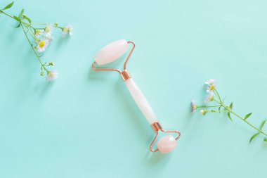 Papatya çiçekli mavi bir arka planda gül kuvarstan yapılmış yüz masajı silindiri. Yüz masajı, kırışıklık önleyici, yaşlanma önleyici cilt bakımı aleti. Düz yatıyordu. Yüz masajı, spa kişisel bakım konsepti