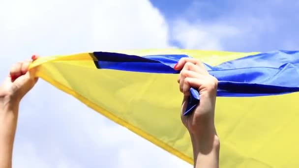 Vrouwenhanden Met Oekraïense Vlag Tegen Lucht Oekraïense Vlag Wappert Wind — Stockvideo
