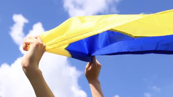 Ruce Žen Ukrajinskou Vlajkou Proti Obloze Ukrajinská Vlajka Vlaje Větru — Stock video