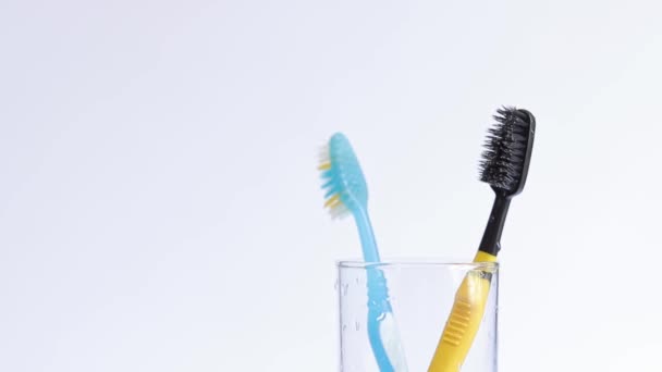 Oral Hygiene Toothbrushes Glass Light Background Woman Hand Takes Toothbrush Royalty Free Stock Video