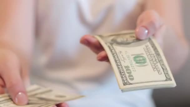 点算账单 特写手头的钱 100美元的钞票 有选择的重点 展示收入 金融知识 — 图库视频影像