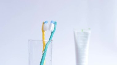 Bir kadının eli bardağa diş fırçası koyar. Beyaz arka planda cam bir şişedeki diş fırçaları. Ağız temizliği. Diş temizliği, bakımı önleme. Her gün için kişisel hijyen kavramı
