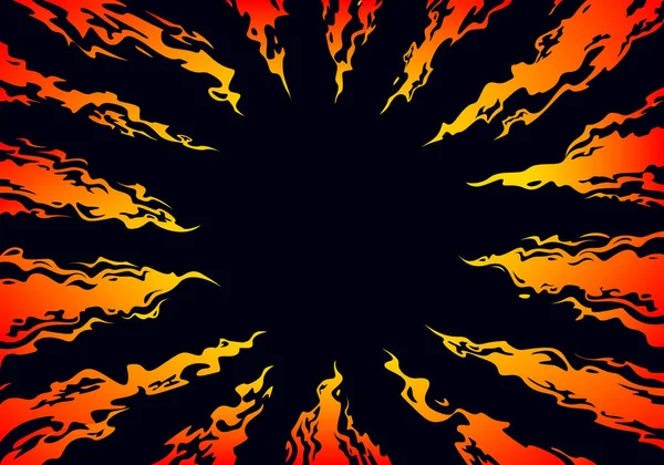 黒い背景の中央に向けられた火の舌 コミックファンタジー炎の背景 デザインテンプレートページ 手描きベクトルアート — ストックベクタ