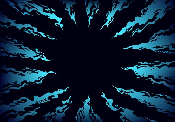蓝色火舌指向中心的黑色背景 漫画奇幻蓝色火焰背景 设计模板页 手绘矢量艺术 — 图库矢量图片