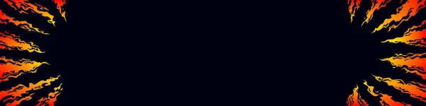 黒い背景の中心に向けられた火の舌 コミックファンタジー赤い炎の背景 デザインテンプレートページ 手描きベクターアート バナー — ストックベクタ