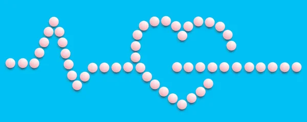 Skupina Růžových Kulatých Pilulek Tvoří Postavu Modrém Pozadí Puls Téma — Stock fotografie
