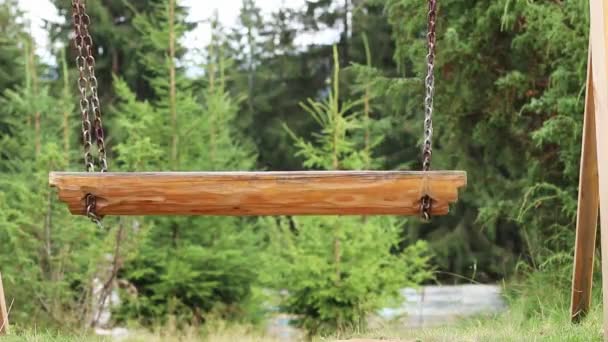公園内の鉄の鎖に木製のスイング 樹木の背中を後ろから後ろに向かって振り向く 夏に空っぽの木製のスイングを少し動かしています カルムネス — ストック動画