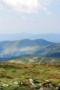 Tonsal perspektifli güzel bir dağ manzarası. Ukrayna 'nın Karpat Dağları. Turizm ve spor eğlencesi kavramı. Doğa